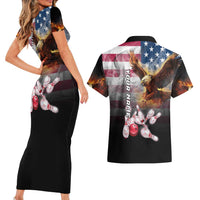 Custom Patriotic Eagle Bowling Couples Matching Short Sleeve Bodycon Dress and Hawaiian Shirt with American Flag Strike Design - Wonder Print Shop