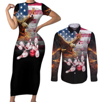 Custom Patriotic Eagle Bowling Couples Matching Short Sleeve Bodycon Dress and Long Sleeve Button Shirt with American Flag Strike Design - Wonder Print Shop