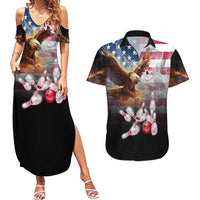 Custom Patriotic Eagle Bowling Couples Matching Summer Maxi Dress and Hawaiian Shirt with American Flag Strike Design - Wonder Print Shop