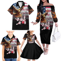 Custom Patriotic Eagle Bowling Family Matching Off The Shoulder Long Sleeve Dress and Hawaiian Shirt with American Flag Strike Design - Wonder Print Shop