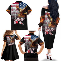 Custom Patriotic Eagle Bowling Family Matching Off The Shoulder Long Sleeve Dress and Hawaiian Shirt with American Flag Strike Design - Wonder Print Shop