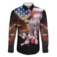 Custom Patriotic Eagle Bowling Family Matching Off The Shoulder Long Sleeve Dress and Hawaiian Shirt with American Flag Strike Design - Wonder Print Shop