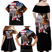 Custom Patriotic Eagle Bowling Family Matching Off Shoulder Maxi Dress and Hawaiian Shirt with American Flag Strike Design - Wonder Print Shop