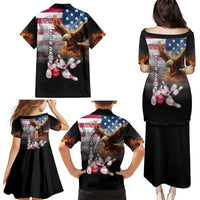Custom Patriotic Eagle Bowling Family Matching Puletasi and Hawaiian Shirt with American Flag Strike Design - Wonder Print Shop