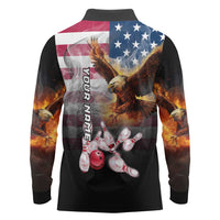 Custom Patriotic Eagle Bowling Long Sleeve Polo Shirt with American Flag Strike Design - Wonder Print Shop