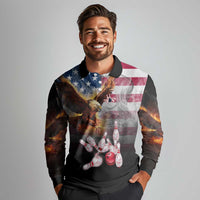 Custom Patriotic Eagle Bowling Long Sleeve Polo Shirt with American Flag Strike Design - Wonder Print Shop