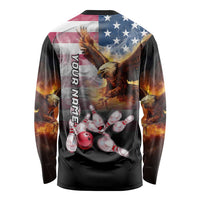 Custom Patriotic Eagle Bowling Long Sleeve Shirt with American Flag Strike Design - Wonder Print Shop