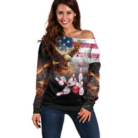 Custom Patriotic Eagle Bowling Off Shoulder Sweater with American Flag Strike Design - Wonder Print Shop