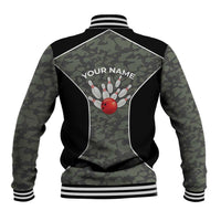 Custom Camouflage Bowling Baseball Jacket with Red Strike Ball Graphic - Wonder Print Shop
