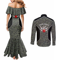 Custom Camouflage Bowling Couples Matching Mermaid Dress and Long Sleeve Button Shirt with Red Strike Ball Graphic - Wonder Print Shop