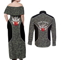 Custom Camouflage Bowling Couples Matching Off Shoulder Maxi Dress and Long Sleeve Button Shirt with Red Strike Ball Graphic - Wonder Print Shop