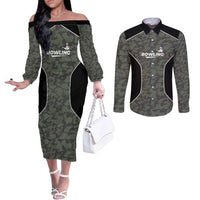 Custom Camouflage Bowling Couples Matching Off The Shoulder Long Sleeve Dress and Long Sleeve Button Shirt with Red Strike Ball Graphic - Wonder Print Shop