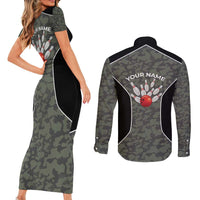 Custom Camouflage Bowling Couples Matching Short Sleeve Bodycon Dress and Long Sleeve Button Shirt with Red Strike Ball Graphic - Wonder Print Shop