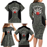 Custom Camouflage Bowling Family Matching Long Sleeve Bodycon Dress and Hawaiian Shirt with Red Strike Ball Graphic - Wonder Print Shop