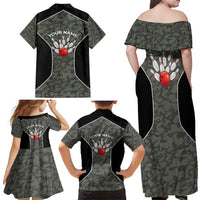 Custom Camouflage Bowling Family Matching Off Shoulder Maxi Dress and Hawaiian Shirt with Red Strike Ball Graphic - Wonder Print Shop