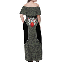 Custom Camouflage Bowling Family Matching Off Shoulder Maxi Dress and Hawaiian Shirt with Red Strike Ball Graphic - Wonder Print Shop