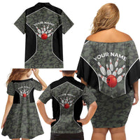 Custom Camouflage Bowling Family Matching Off Shoulder Short Dress and Hawaiian Shirt with Red Strike Ball Graphic - Wonder Print Shop