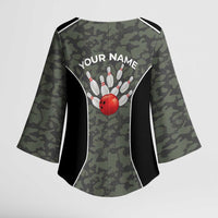 Custom Camouflage Bowling Kimono Sleeve Blouse with Red Strike Ball Graphic - Wonder Print Shop
