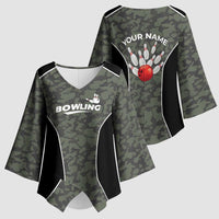 Custom Camouflage Bowling Kimono Sleeve Blouse with Red Strike Ball Graphic - Wonder Print Shop