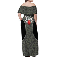 Custom Camouflage Bowling Off Shoulder Maxi Dress with Red Strike Ball Graphic - Wonder Print Shop