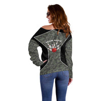 Custom Camouflage Bowling Off Shoulder Sweater with Red Strike Ball Graphic - Wonder Print Shop