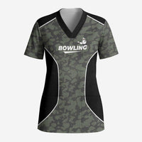 Custom Camouflage Bowling Scrub Top with Red Strike Ball Graphic - Wonder Print Shop