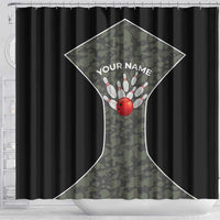 Custom Camouflage Bowling Shower Curtain with Red Strike Ball Graphic - Wonder Print Shop