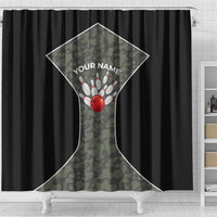 Custom Camouflage Bowling Shower Curtain with Red Strike Ball Graphic - Wonder Print Shop