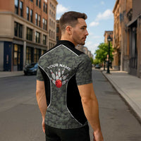 Custom Camouflage Bowling Zipper Polo Shirt with Red Strike Ball Graphic - Wonder Print Shop