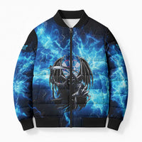 Custom Grim Reaper Bowling Bomber Puffer Jacket with Blue Lightning Background - Wonder Print Shop
