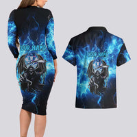 Custom Grim Reaper Bowling Couples Matching Long Sleeve Bodycon Dress and Hawaiian Shirt with Blue Lightning Background - Wonder Print Shop