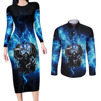 Custom Grim Reaper Bowling Couples Matching Long Sleeve Bodycon Dress and Long Sleeve Button Shirt with Blue Lightning Background - Wonder Print Shop
