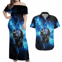 Custom Grim Reaper Bowling Couples Matching Off Shoulder Maxi Dress and Hawaiian Shirt with Blue Lightning Background - Wonder Print Shop