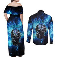 Custom Grim Reaper Bowling Couples Matching Off Shoulder Maxi Dress and Long Sleeve Button Shirt with Blue Lightning Background - Wonder Print Shop