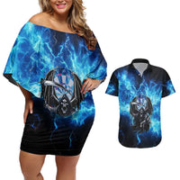 Custom Grim Reaper Bowling Couples Matching Off Shoulder Short Dress and Hawaiian Shirt with Blue Lightning Background - Wonder Print Shop