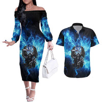 Custom Grim Reaper Bowling Couples Matching Off The Shoulder Long Sleeve Dress and Hawaiian Shirt with Blue Lightning Background - Wonder Print Shop