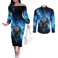 Custom Grim Reaper Bowling Couples Matching Off The Shoulder Long Sleeve Dress and Long Sleeve Button Shirt with Blue Lightning Background - Wonder Print Shop