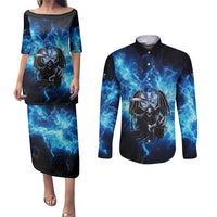 Custom Grim Reaper Bowling Couples Matching Puletasi and Long Sleeve Button Shirt with Blue Lightning Background - Wonder Print Shop