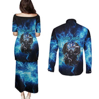 Custom Grim Reaper Bowling Couples Matching Puletasi and Long Sleeve Button Shirt with Blue Lightning Background - Wonder Print Shop
