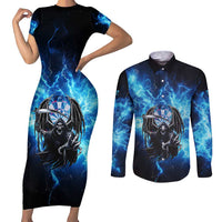 Custom Grim Reaper Bowling Couples Matching Short Sleeve Bodycon Dress and Long Sleeve Button Shirt with Blue Lightning Background - Wonder Print Shop