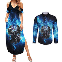 Custom Grim Reaper Bowling Couples Matching Summer Maxi Dress and Long Sleeve Button Shirt with Blue Lightning Background - Wonder Print Shop