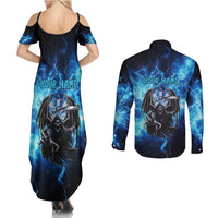 Custom Grim Reaper Bowling Couples Matching Summer Maxi Dress and Long Sleeve Button Shirt with Blue Lightning Background - Wonder Print Shop