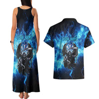 Custom Grim Reaper Bowling Couples Matching Tank Maxi Dress and Hawaiian Shirt with Blue Lightning Background - Wonder Print Shop