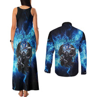 Custom Grim Reaper Bowling Couples Matching Tank Maxi Dress and Long Sleeve Button Shirt with Blue Lightning Background - Wonder Print Shop