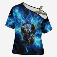 Custom Grim Reaper Bowling Cross Shoulder Shirt with Blue Lightning Background - Wonder Print Shop