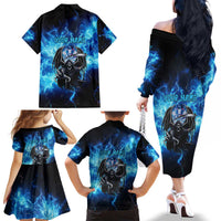 Custom Grim Reaper Bowling Family Matching Off The Shoulder Long Sleeve Dress and Hawaiian Shirt with Blue Lightning Background - Wonder Print Shop