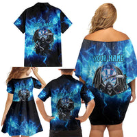 Custom Grim Reaper Bowling Family Matching Off Shoulder Short Dress and Hawaiian Shirt with Blue Lightning Background - Wonder Print Shop