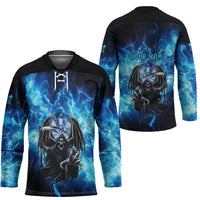 Custom Grim Reaper Bowling Hockey Jersey with Blue Lightning Background - Wonder Print Shop