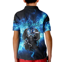 Custom Grim Reaper Bowling Kid Polo Shirt with Blue Lightning Background - Wonder Print Shop