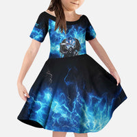 Custom Grim Reaper Bowling Kid Short Sleeve Dress with Blue Lightning Background - Wonder Print Shop